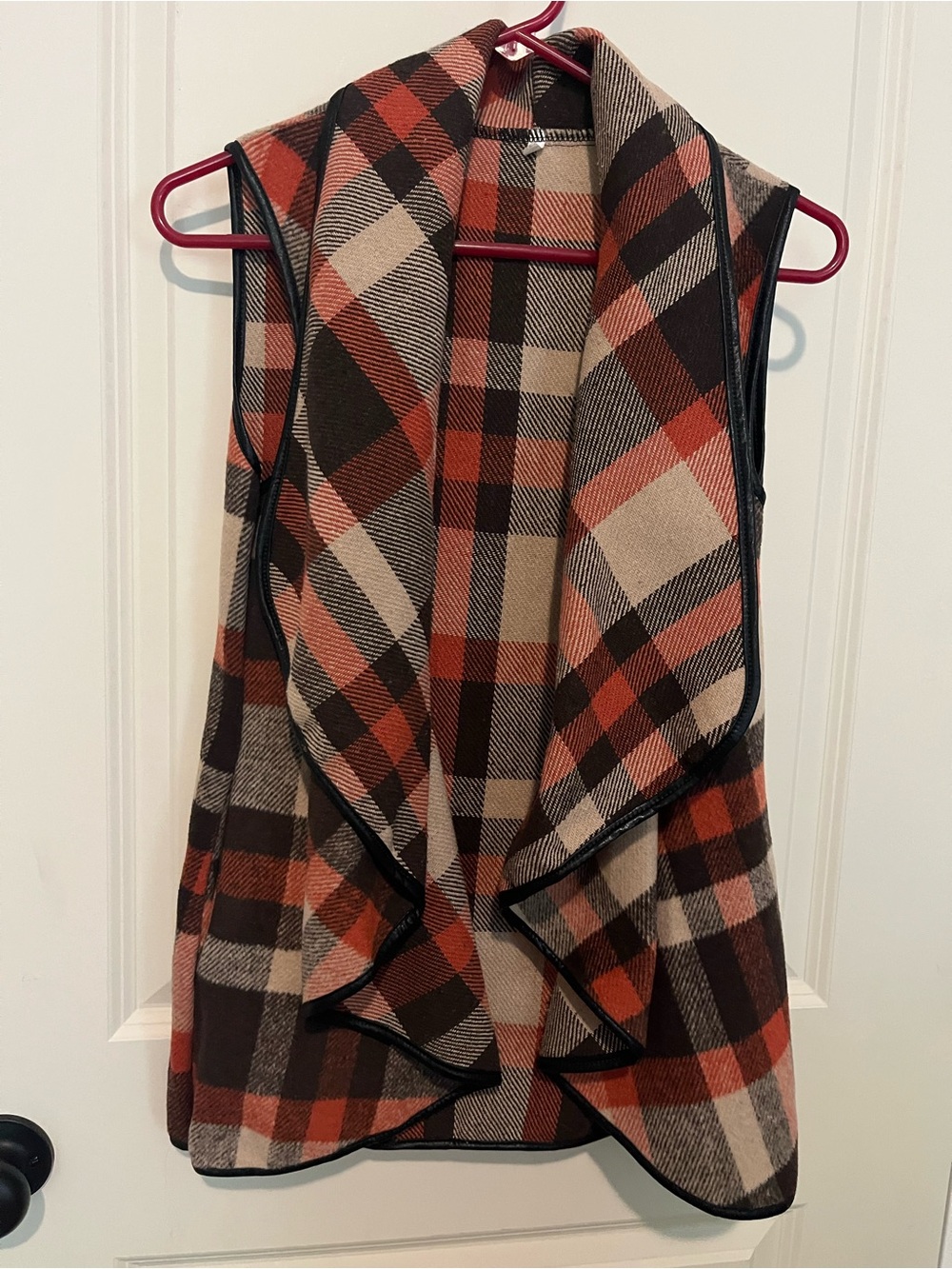 Plaid Open-Front Vest - Rust & Cream